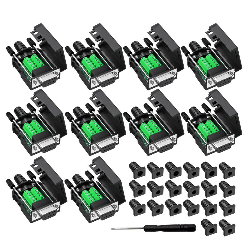 YIOVVOM DB9 Breakout Connector, Female 9 pin RS232 connectors, Solderless D-SUB RS485 Serial Adapter Module Board with Screw Terminals, Case, Long Bolts 10 PCS - Image 1
